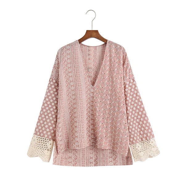 

European and American women's spring and summer new casual style long-sleeved hollow embroidery loose shirt women