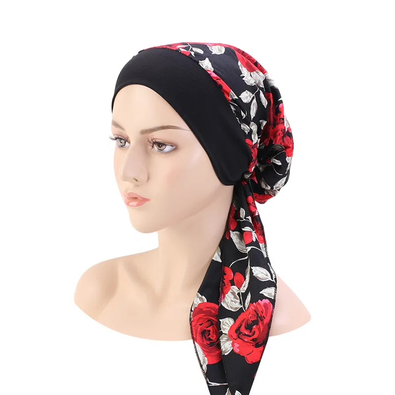 

Muslim Hijab womens Cancer Chemo silky Flower Print Hat Turban Cap Cover Hair Loss Head Scarf Pre-Tied Headwear Strech Bandana