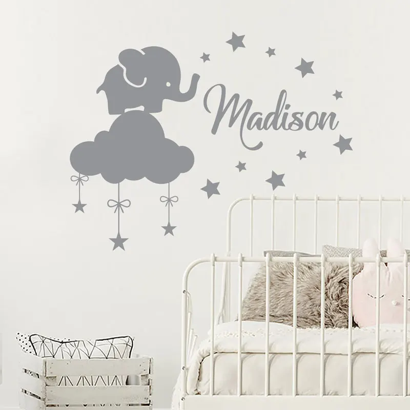Персонализированная Настенная Наклейка с именем ребенка слона облаком звездой