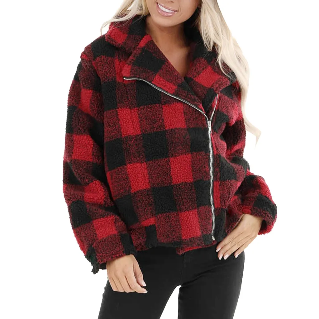 2019 Женское зимнее пальто в клетку повседневное стильное с длинным рукавом на