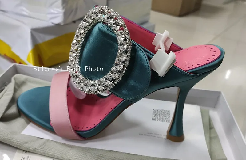 Satin Sandals Women Peep Toe Mixed Color Rhinestone Buckle High Heel Shoes Woman Sexy Party Shoes Mules Slippers