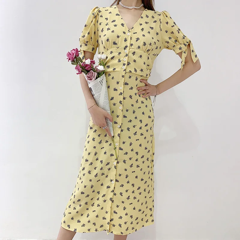 2020 женское платье миди с цветочным принтом однобортное желтое v-образным вырезом