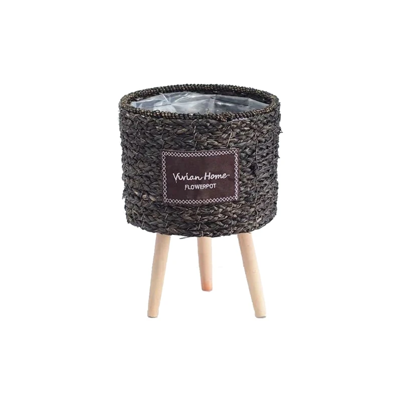 

Nordic Straw Laundry Picnic Storage Basket with Stand Handmade Flower Pot Plant Container