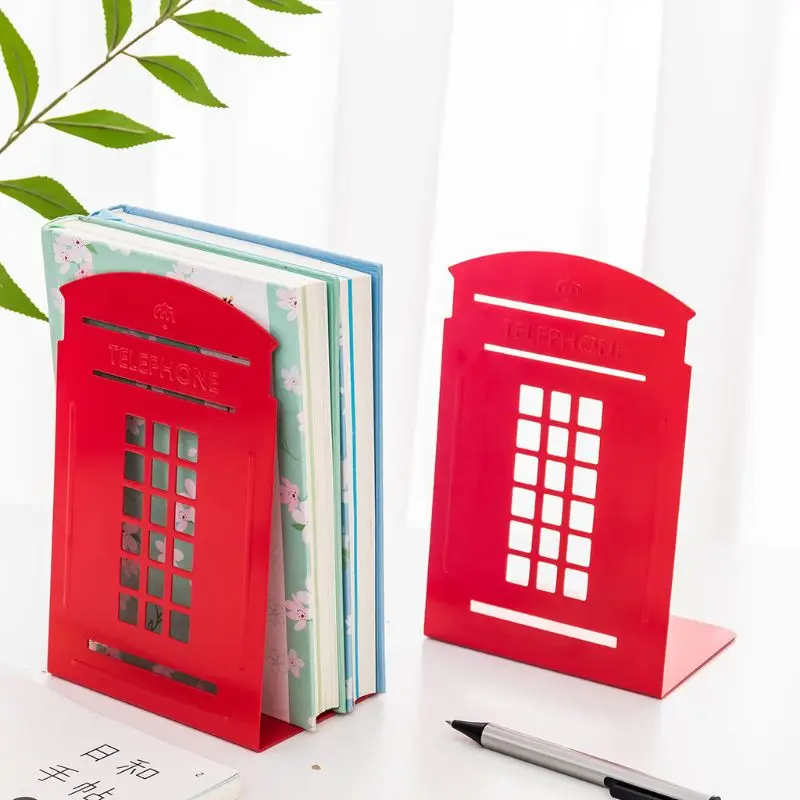 

1 Pair Telephone Booth Bookends Book Stand Support Desktop Office Magazine Organizer Non Slip Book Rack Shelf Holder C26