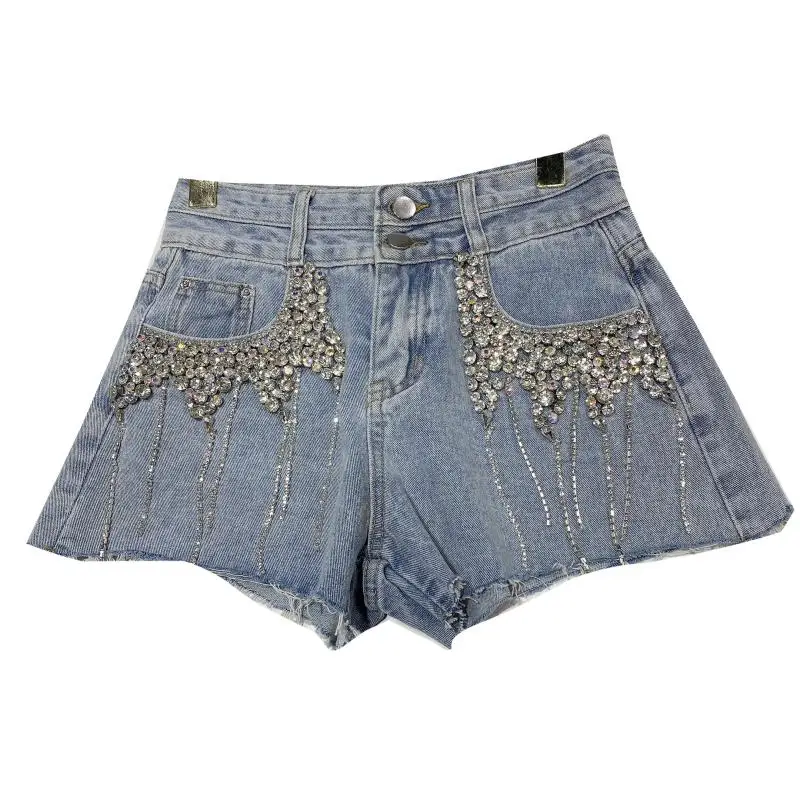 

Fashion Shorts 2020 Summer New Heavy Industry Beaded Diamond Tassel Raw Denim Shorts Women's High Waist Jeans Shorts
