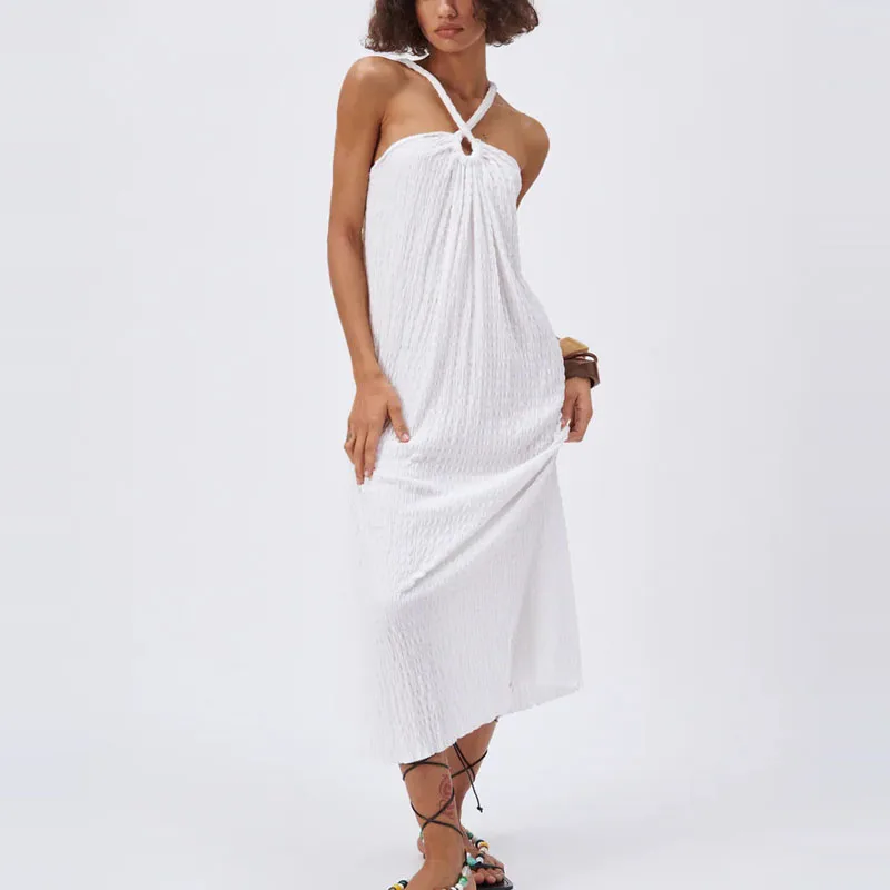 

ZA 2021 Summer White Long Textured Dress Women Sleeveless V Neck Straps Party Dress Female Fashion Sexy Opening Dresses