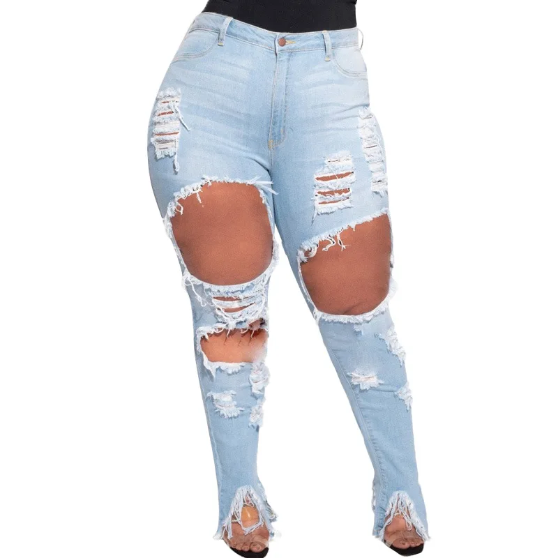 

Plus Size Ripped Cut Hole Stretchy Skinny Tassel Jeans 5XL Street Club Buttocks Torn High Waist Boyfriend Ruffles Hem Denim Pant