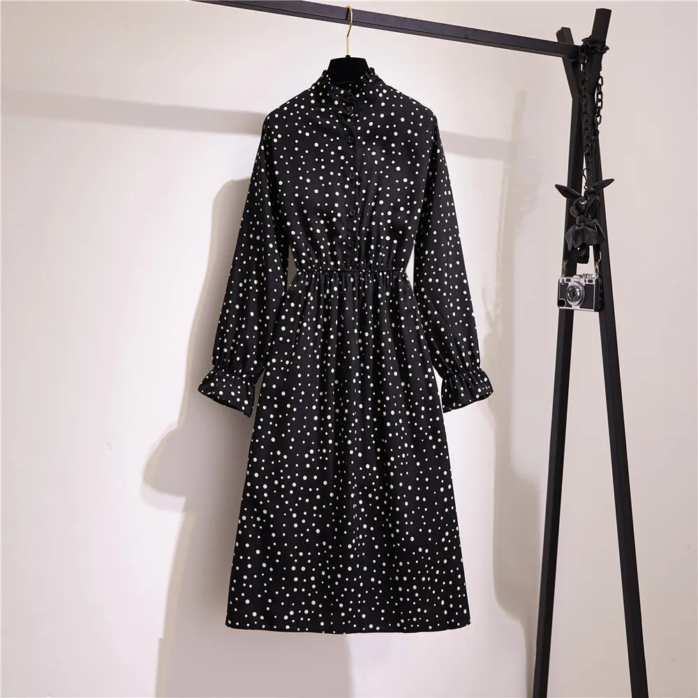

Autumn Fashion Long Sleeve Print Women Dress Casual Stand Collar Long Sleeve Elastic Waist Blue Red Flowers Women Dress Elegant
