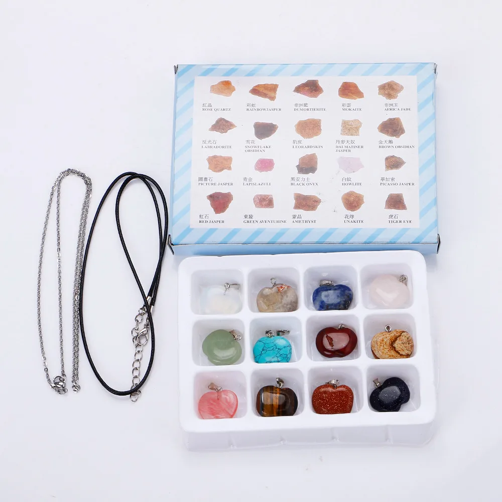 

Natural Stone Necklace Pendant Semi-precious Stone Fashion Apple Pendant Box for Jewelry DIY Necklace Accessories 12pcs/box