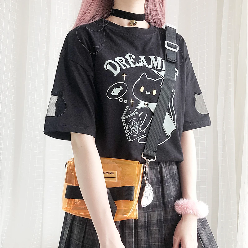 Милая Волшебная черная футболка с котом летняя коротким рукавом топы уличная
