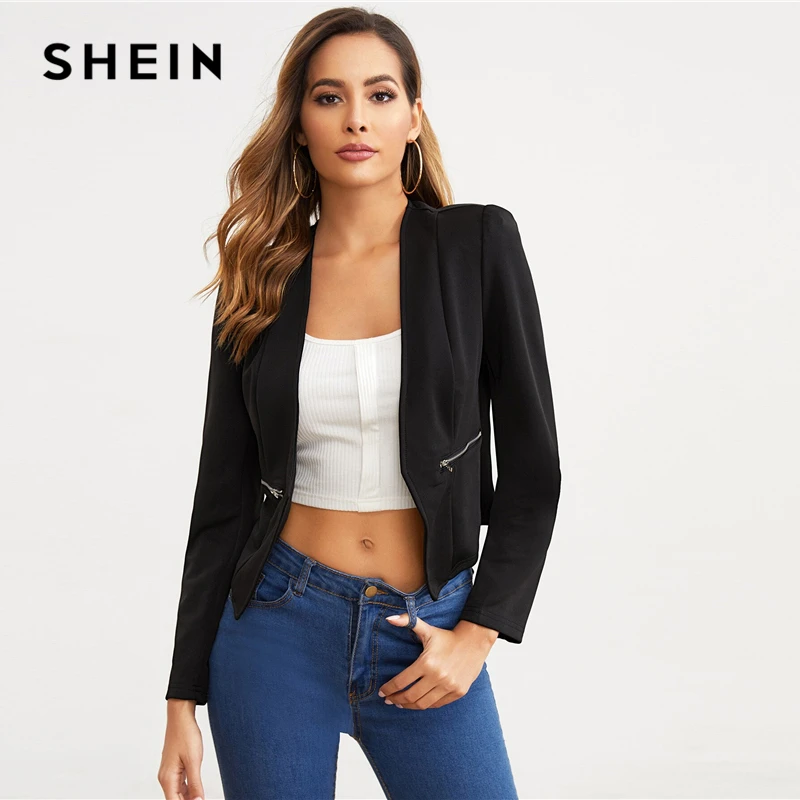 SHEIN черный Открытый Placket молния деталь блейзер для женщин Весна Осень однотонная приталенная верхняя одежда элегантные офисные платья блейзеры