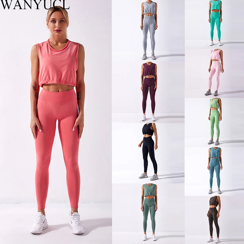 WANYUCL 2021 бесшовный костюм для женщин 2 шт. спортивные Леггинсы и топ жилет без