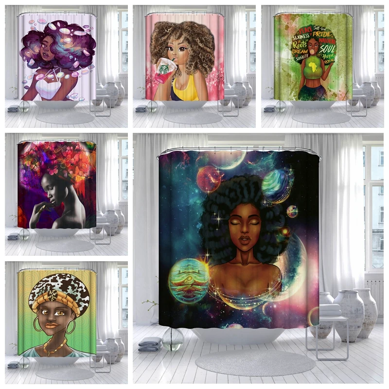 

1 Piece 3D Digital Print Afro Girl Green Cloth Waterproof Polyester Bathroom Shower Curtain With 12 Plastic Hooks WC Accessories