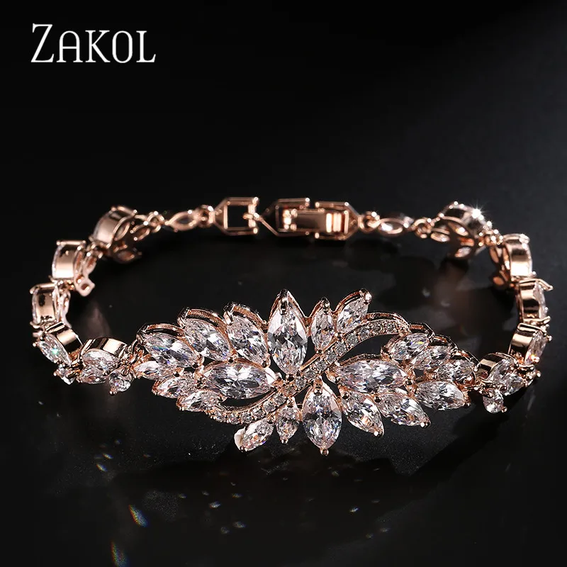 Rose Gold Color ZAKOL свадебный ювелирный набор, Свадебный кулон, цветок, серьги-гвоздики с кристаллами, колье, массивное ожерелье, наборы для подружки невесты, Christma FSSP003 - Окраска металла: Rose Gold Color