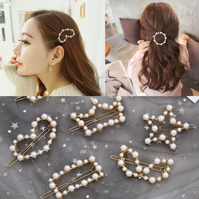 

Triangle Hair Clips Chic Imitiation Pearl Hairgrip Round Geometric Heart Hollow For Women Hairpins Hair Accessories Korean 1PC