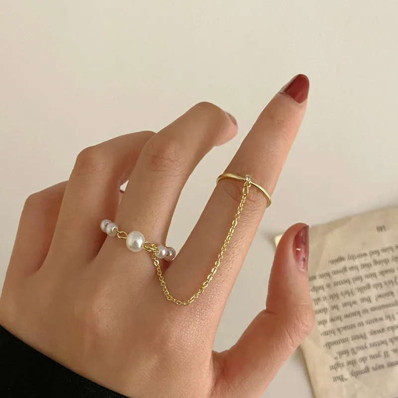 

2021 New Simple Ring With Chain For Women Creative Retro Two-Rings Together Pearl Ring Fashion Western Style Women Jewelry