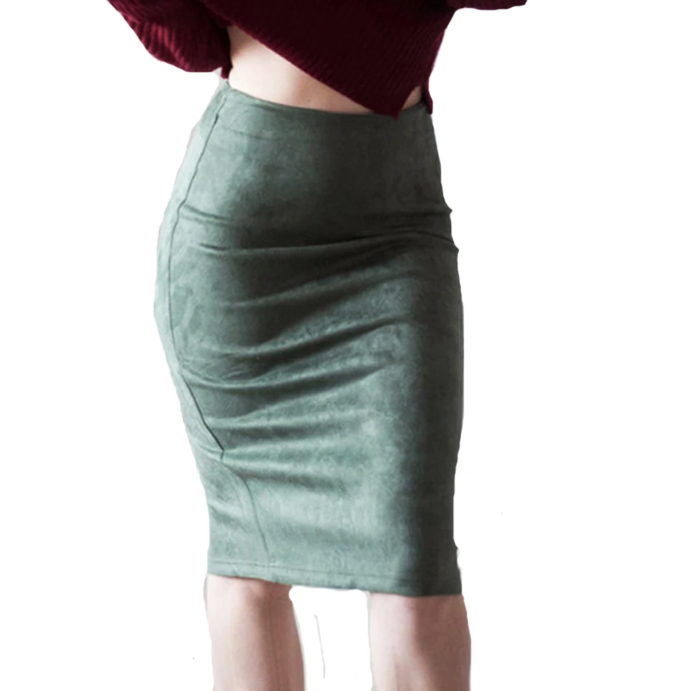 

Women Simple Solid Color High Waist Zipper Back Slim Skirt 10 Colors Knee Length PU Pattern Matching Skirt Blue FS0948