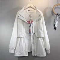 student trench coat female 2021 spring autumn women basic coats casual hooded jacket with lining khaki tops drawstring white