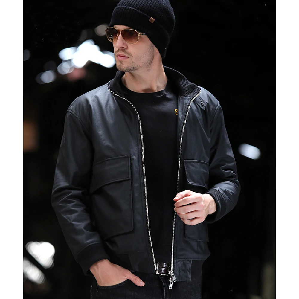 Мужская деловая кожаная куртка из 100% натуральной кожи повседневная черная