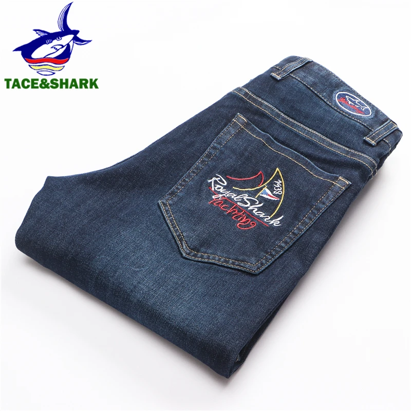 TACE & SHARK модные брендовые прямые мужские джинсы с вышивкой облегающие деловые