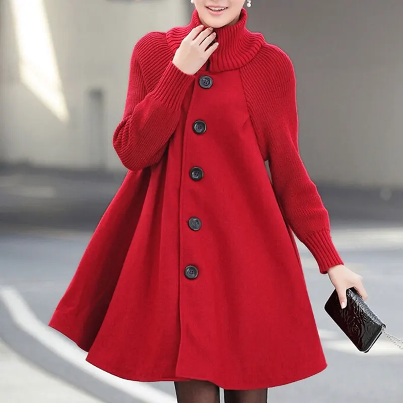 

Woolen Coat Winter Cloak Knit Long-sleeved High O-neck Trench Coat Female Spring Autumn Women's Single-breasted Windbreaker