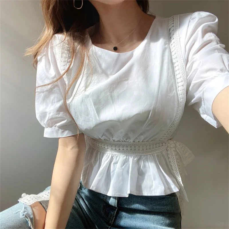 

Korean Office Lady Shirts Prom 2021 Slim Summer Girls Femme Chic Blouses New High Quality Short Shirts Women Blouses Tops