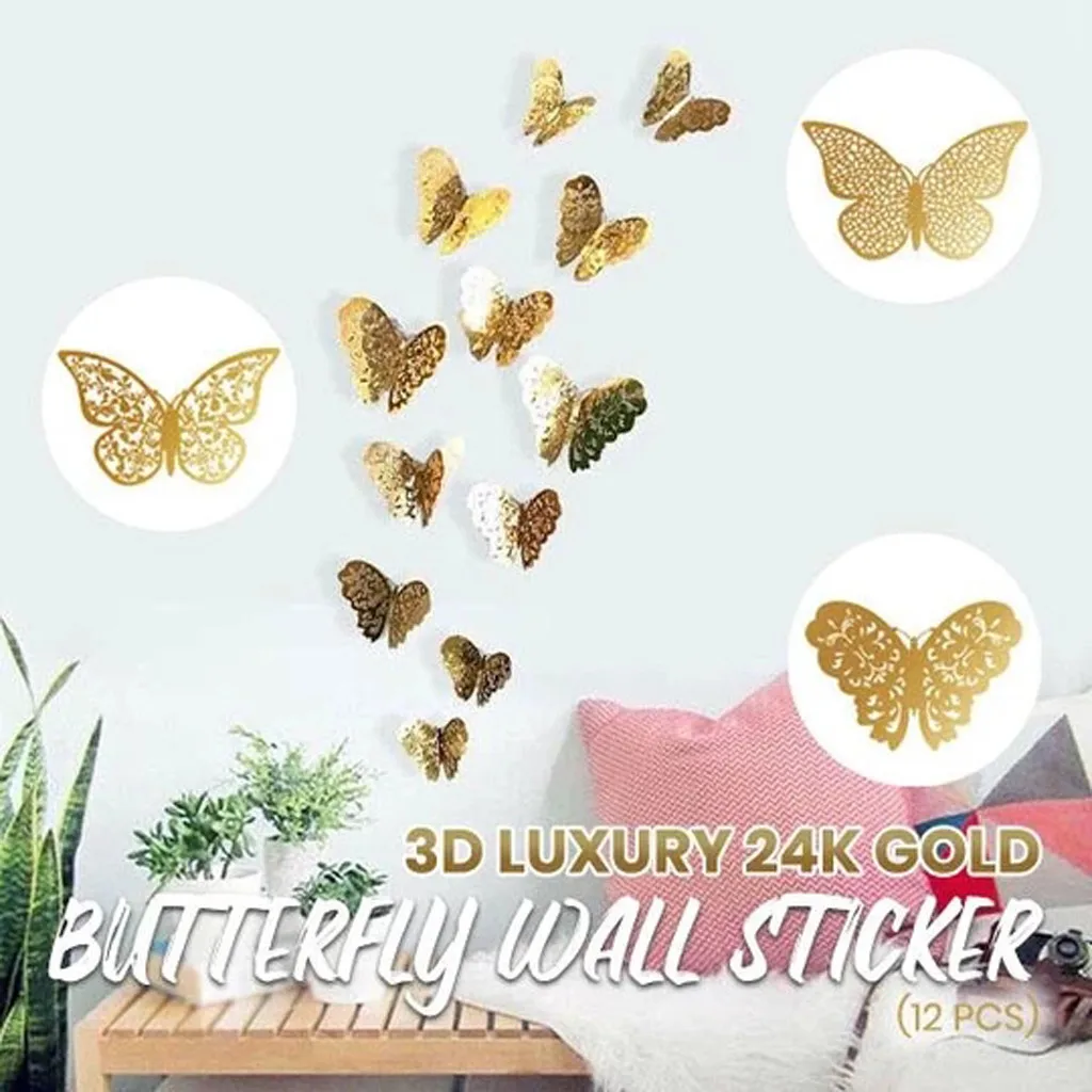 Фото 12 шт. 3D Роскошные 24k золотые серебряные бабочки наклейки на стену металлические