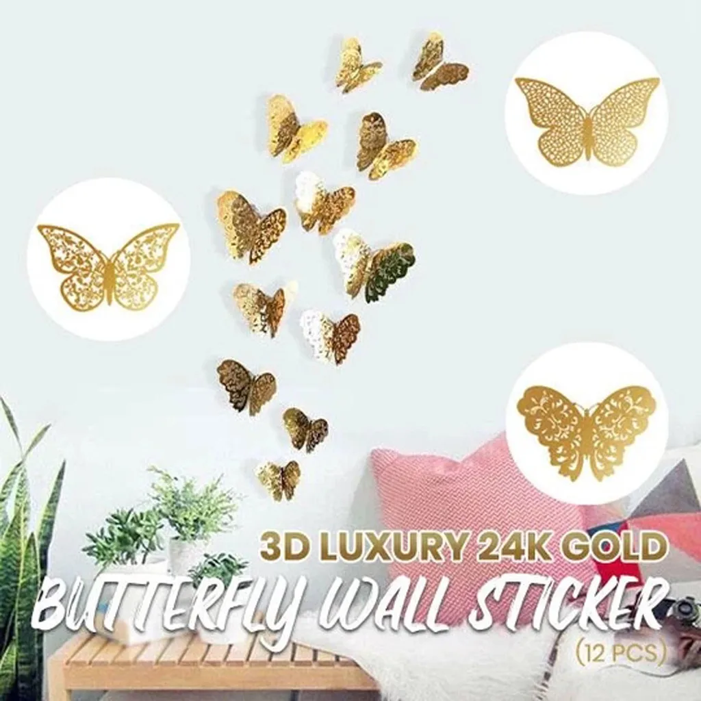 12 шт. 3D Роскошные 24k золотые серебряные бабочки наклейки на стену металлические