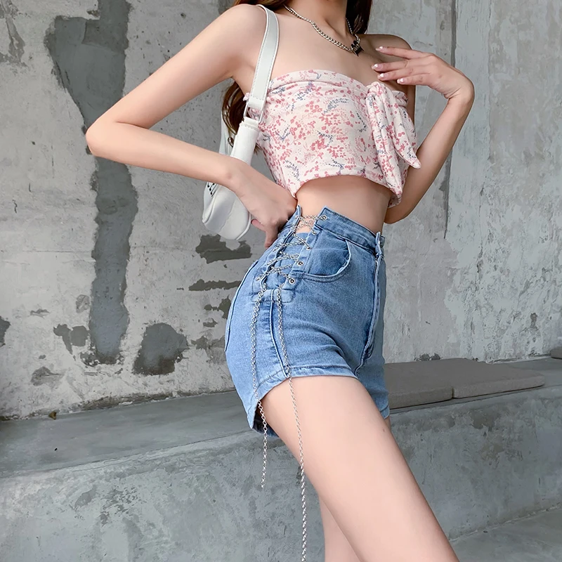 

Women Lace Casual High Waist Straight Jeans Shorts Summer Pockets Slim Female Blue Denim Shorts Ladies High Street Bottoms 2021