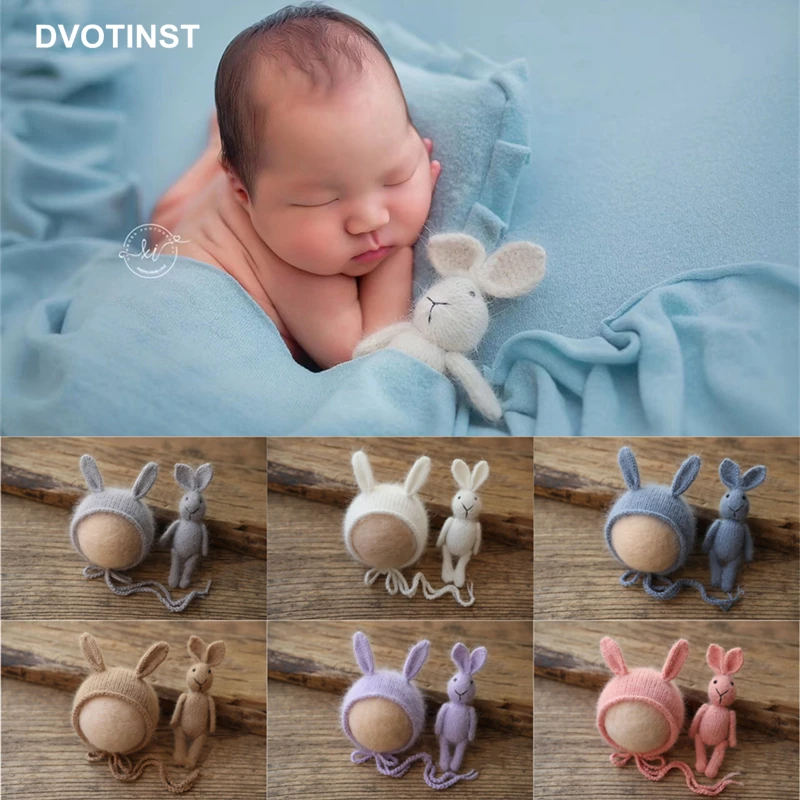 Dvotinst Newborn Baby Photography Props Knitt Soft Cute Rabbit Doll Hat Bonnet 2pcs Mink Fur Fotografia Studio Shoot Photo Props