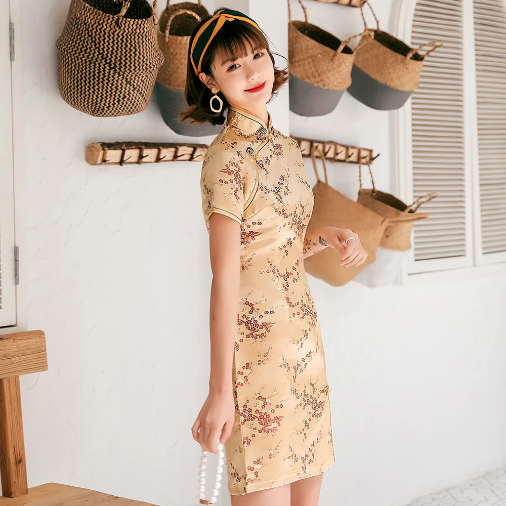 

Female Qipao Mandarin Collar Short Cheongsam Vestidso Elegant Chinese Dress Gold Flower Novelty Satin Evening Party Gown