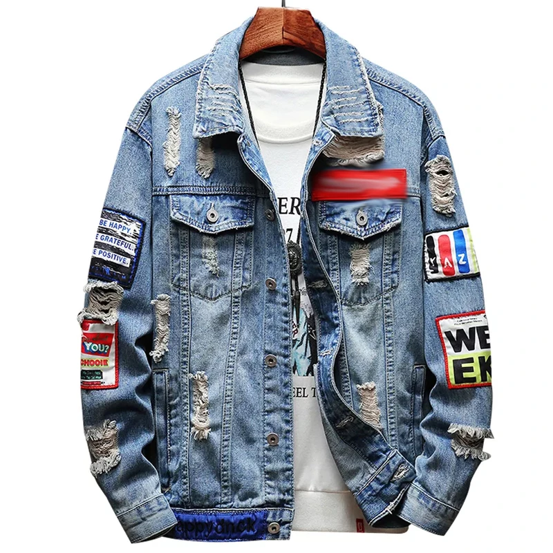 

Hip-hop fashion print lapel denim jacket single-breasted casual streetwear autumn Hole Loose Long Sleeve cotton outerwear