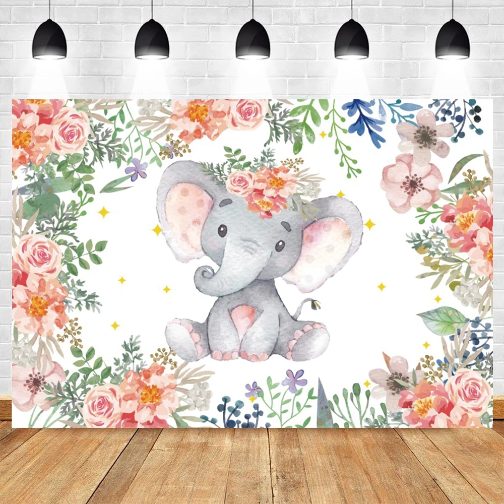 

Pink Flower Elephant Newborn Baby Shower Princess 1st Birthday Photo Background Custom Photography Backdrop Vinyl Photophone
