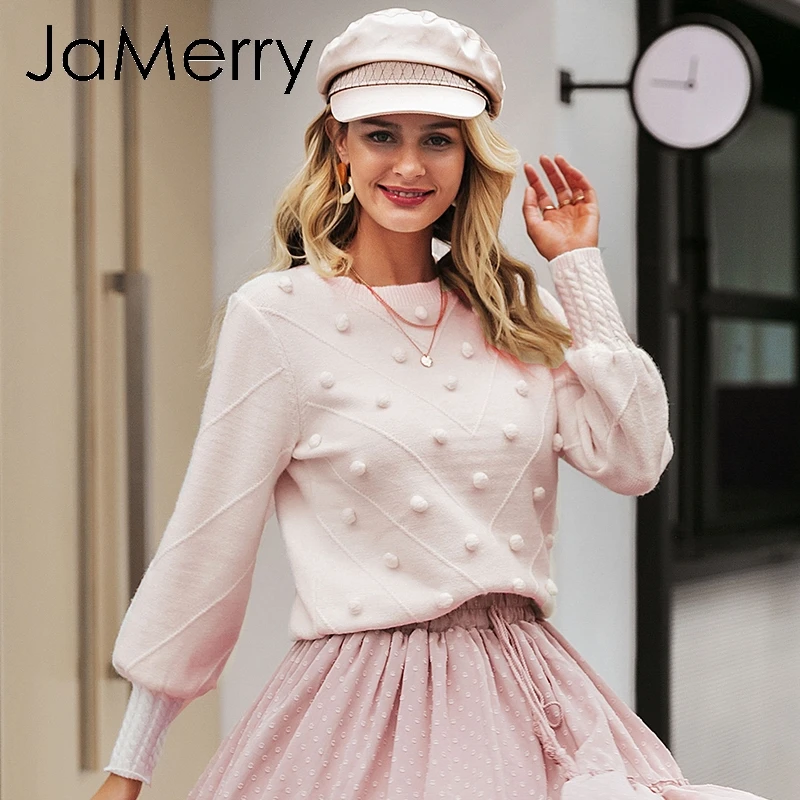 Розовый JaMerry, винтажные, элегантные, с меховым помпоном, женские свитера с рукавами-фонариками, вязаный свитер, женская уличная одежда, Повседневный, милый пуловер, джемпер - Цвет: Розовый