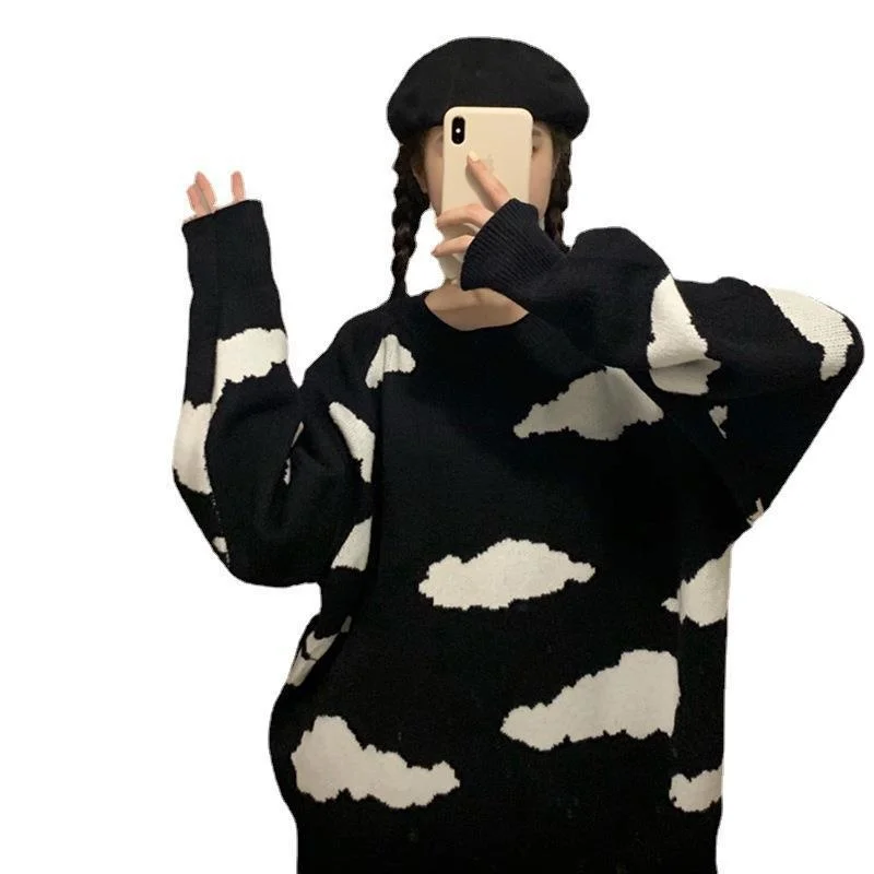 

OMCHION Fall Winter 2021 Korean Fashion Casual Loose White Cloud O Neck Oversized Sweater Women Chic Ugly Loose Pullover BR40