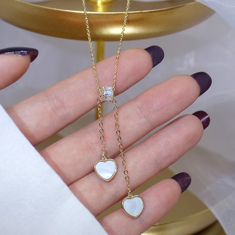 

Trendy Exquisite 14k Real Gold Heart-shaped Tassel Chain Necklace for Women High Quality Pendant Jewelry Bling AAA Zirconia Gift