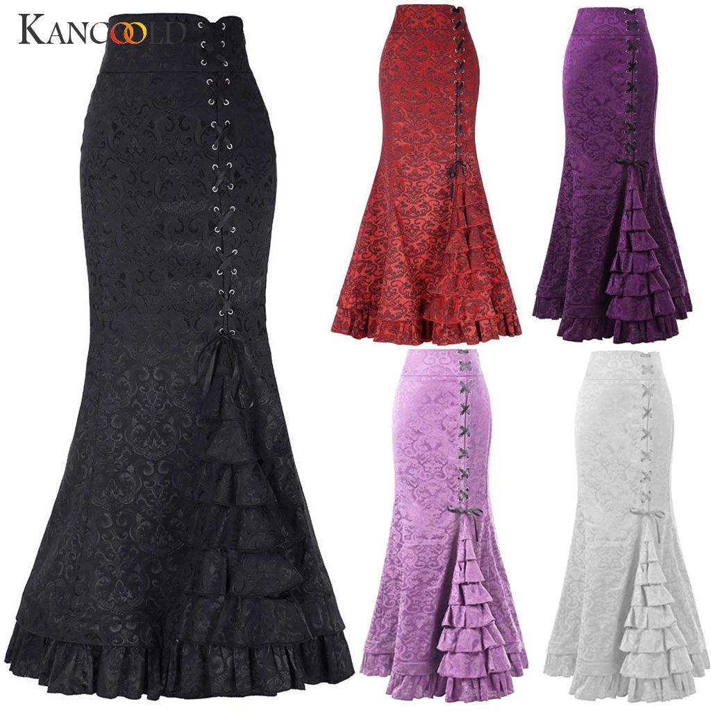 

KANCOOLD Women Punk Style Retro Mermaid Skirt Vintage Long Bodycon Ruffle Fishtail Skirt Waistband Strap Fishtail Skirt