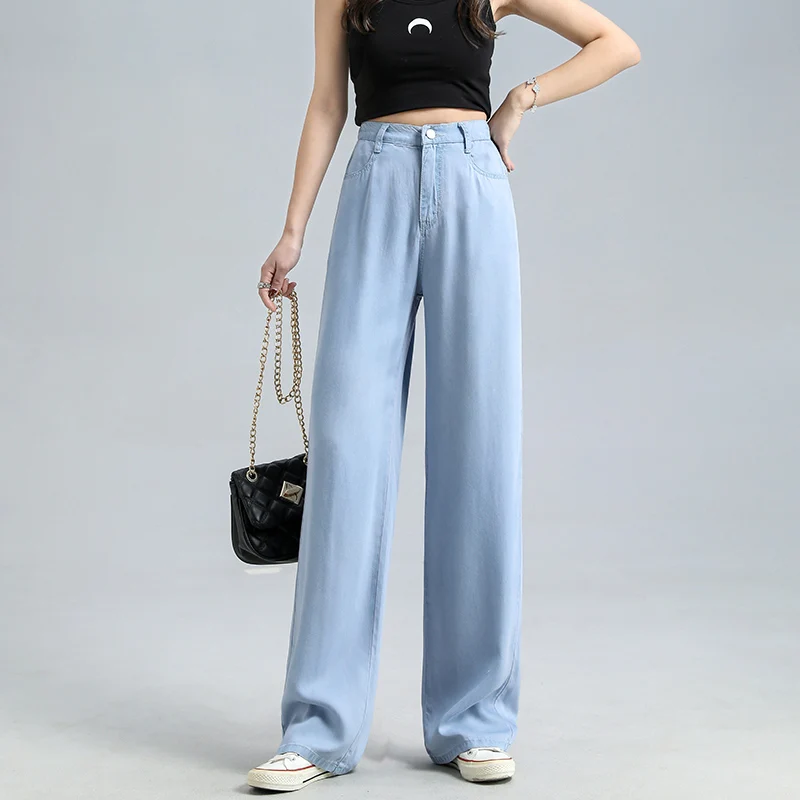 

Summer Tencel Jeans Loose Wide Leg Pants Thin Denim Trousers Women Elastic Waist Blue Bottoms Female Casual Full Length P930