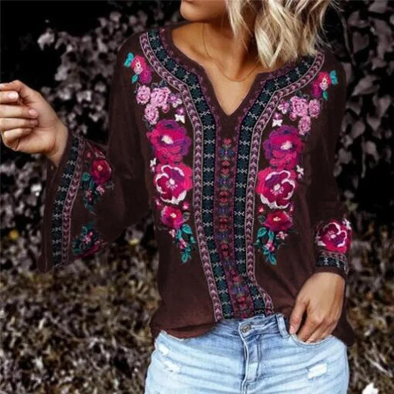 Женская этническая футболка с пышными рукавами Повседневная цветочным принтом