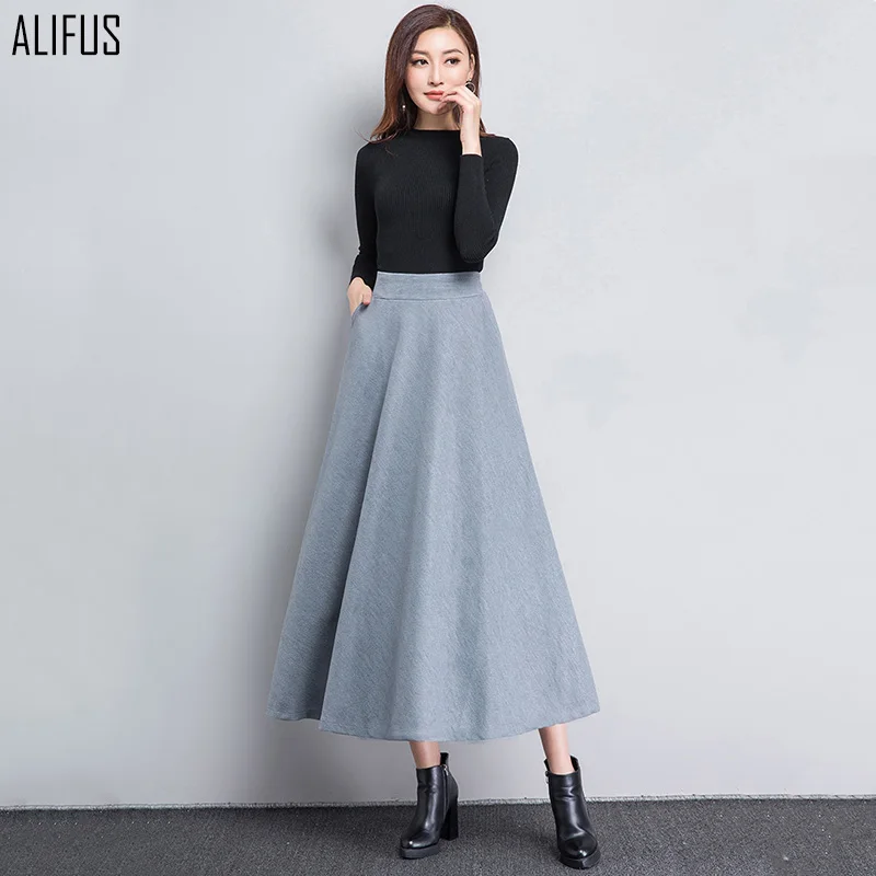 

2020 autumn and winter new women's woolen temperament simple high waist all-match mid-length skirt