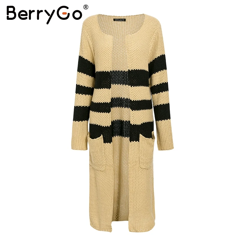 BerryGo винтажный полосатый вязаный кардиган для женщин 2019 осень зима длинный