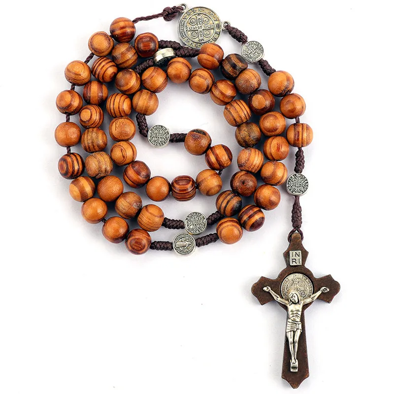 

Jesus Christ Cross Pendant Necklace Wooden Beads Rosary Bead Rope Chain Necklace Religious Praying Jewelry For Women Men