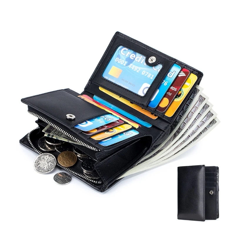 

Мужской кошелек с RFID-блокировкой, винтажный кожаный короткий бумажник двойного сложения на молнии с кармашком для мелочи, большой вместимо...