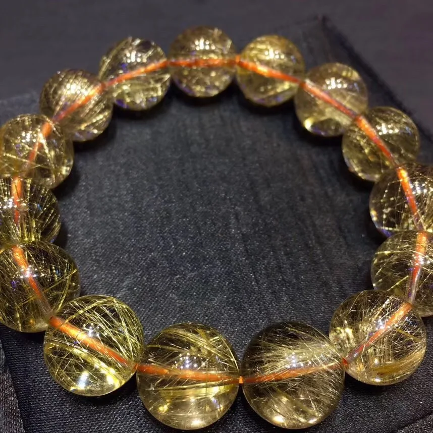 

Certificate 14mm Genuine Natural Brazil Gold Rutilated Titanium Bracelet For Women Men Cat Eye Round Beads Crystal Jewelry AAAAA