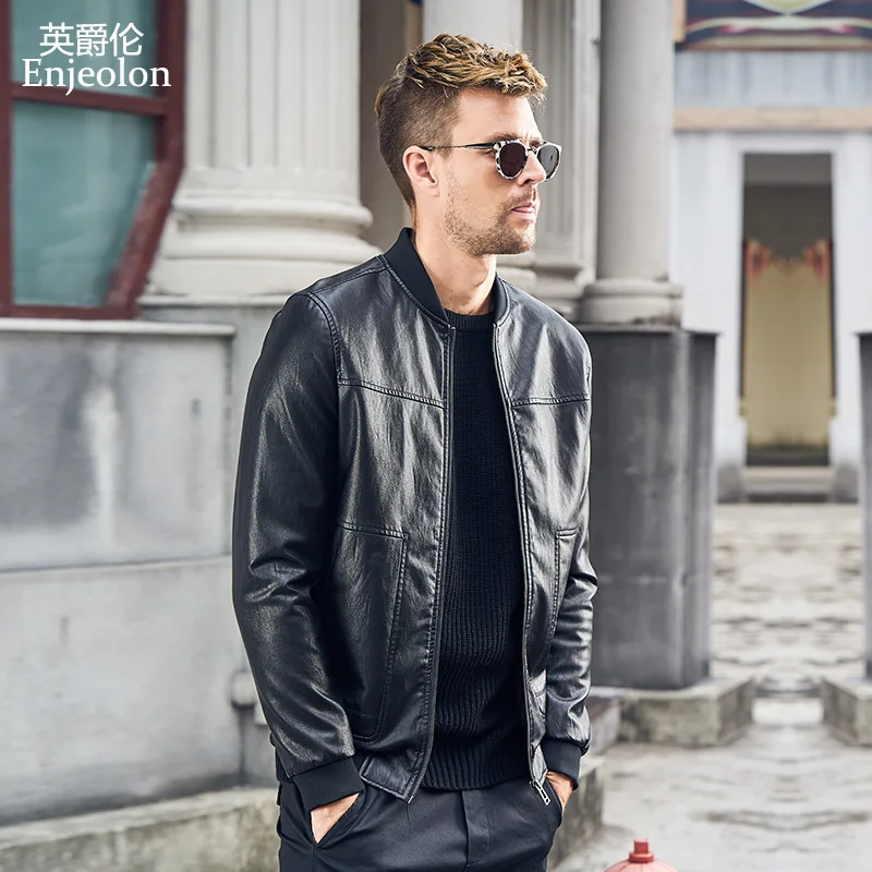 Мужская мотоциклетная кожаная куртка Enjeolon Классическая Повседневная Черная из