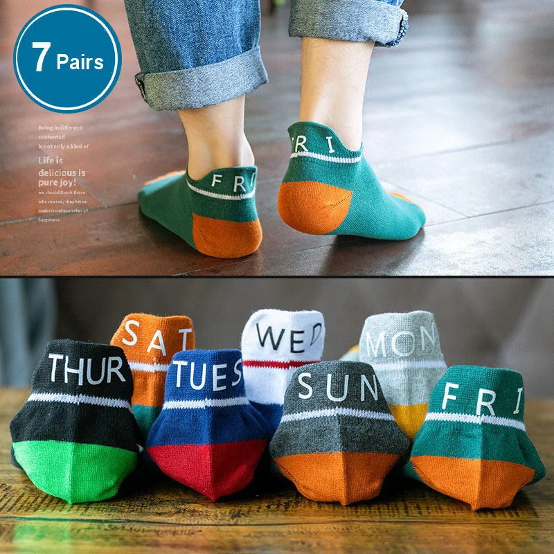 7 Pairs Men Weed Crew Socks Set Ankle Funny Cotton Heels Protection Week Letters Short Tube Harajuku Calcetines Popsocket
