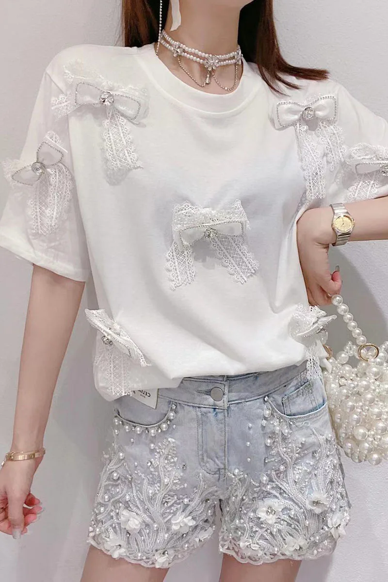 

2021 Summer New Sweet Beaded Rhinestone Bow Lace Tassel Top Women Short Sleeve Round Collar Cotton Soft T-shirt