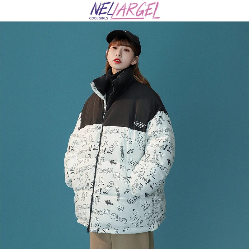 

NELLARGEL Women Patchwork Harajuku Letter Winter Jacket 2022 Female Fashion Streetwear Puffer Jacket Girl Japanese Bubble Coat