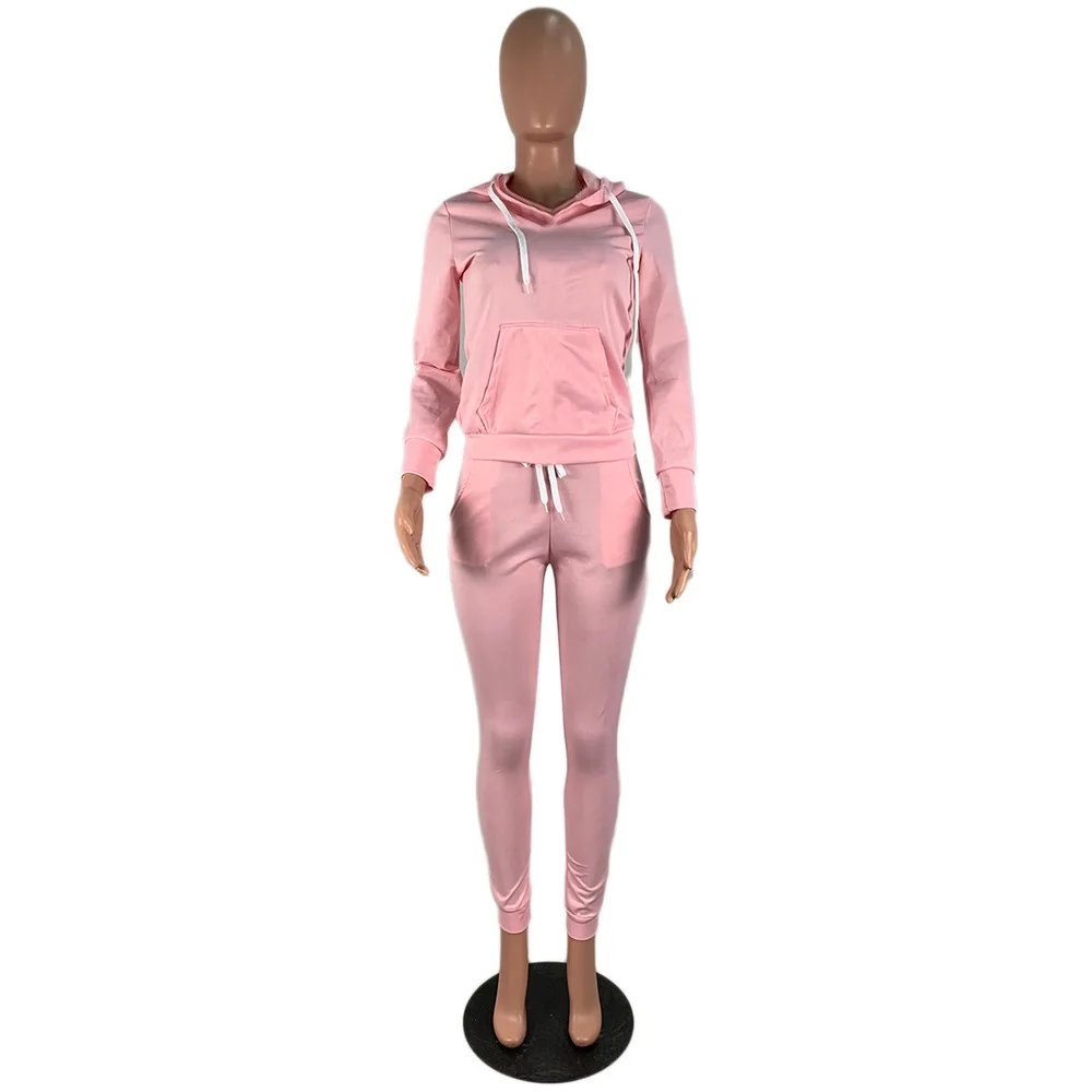 

Elastic Hight Sportswear Fitness Tracksuit Women Long Sleeve Hooded Slim Hoodie Tops and Drawstring Pencil Pant Two Piece Outfit
