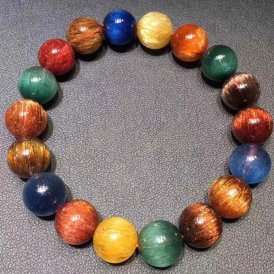 

11.5mm Natural Colorful Rutilated Quartz Clear Round Beads Bracelet Cat Eye Women Men Wealthy Certificate AAAAAA